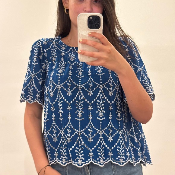 Zara Royal Blue Embroidered Puff Sleeve Top Boho Scalloped Hem blouse cotton S - Picture 1 of 10
